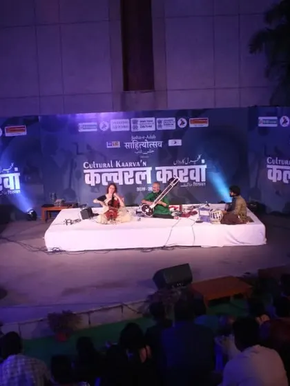 On stage for a sitar and cello jugalbandi at the Jashn-e-Adab Cultural Kaarva'n in Delhi. Performing in an open-air amphitheater as the sun sets creates a truly special atmosphere for the music.