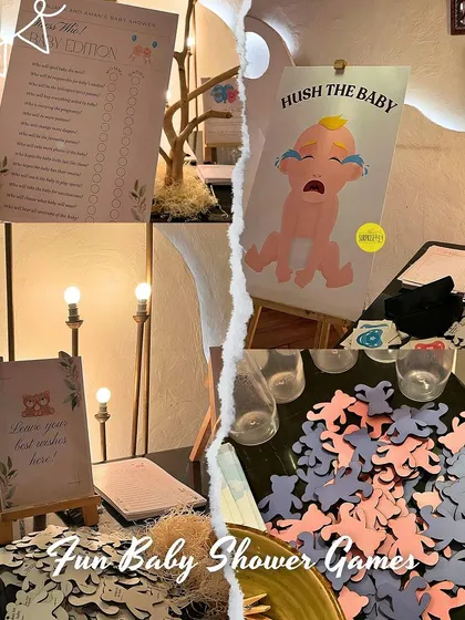A collage of fun baby shower games, including "Hush the Baby" and a wish station with teddy-bear shaped cards for guests to write their messages on.