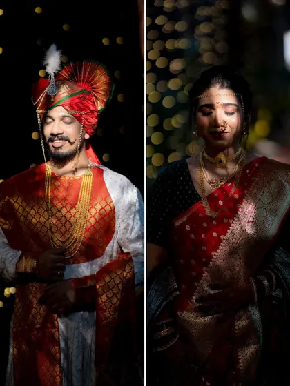 A split-screen portrait of a bride and groom, captured with dramatic lighting that highlights their traditional wedding attire.