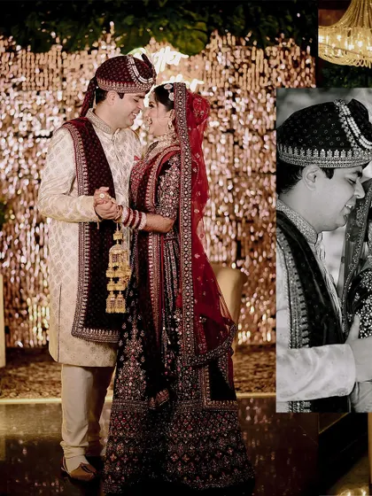 A collage showing the couple in a classic dance pose, blending color and monochrome.