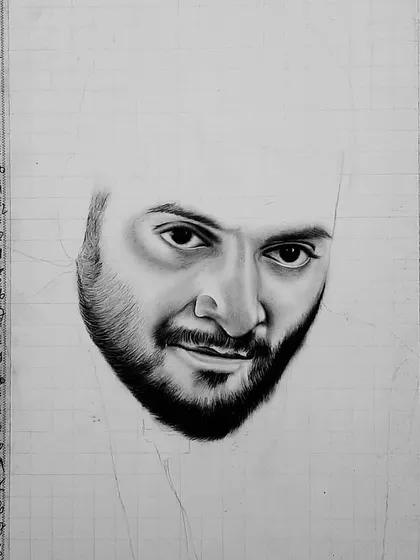 The 90-hour process of creating the Guddu Pandit portrait. These images show the careful layering of charcoal and graphite to achieve the intense, gritty look.