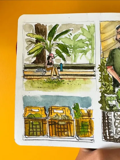 A detailed view of my watercolour grid from the farmer's market, showing people relaxing and vendors at their stalls.