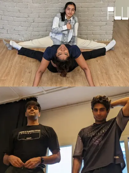 A collage showing various partner stretches and poses, highlighting the creative and collaborative ways we work on flexibility.