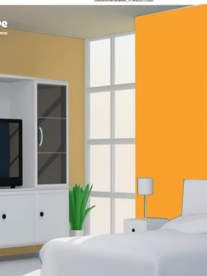 This visualizer image shows how a bold orange accent wall can energize a bedroom. We can help you explore stunning wall color combinations, from soft pastels to bright and bold shades, to create your perfect retreat.