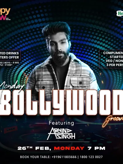 The poster for Monday Bollywood Groove at Happy Brew, a great way to kick off the week with Bollywood beats.