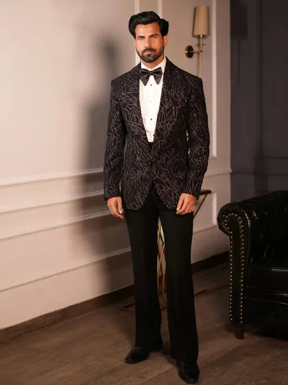 A complete view of the Starry Black Tuxedo, paired with classic black trousers and a bow tie for a timeless look.