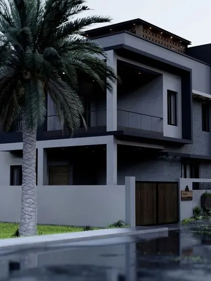 This proposed design for a client in Shimoga features a dark, modern exterior with palm trees. The contrast between the sleek architecture and natural elements creates a visually appealing composition.