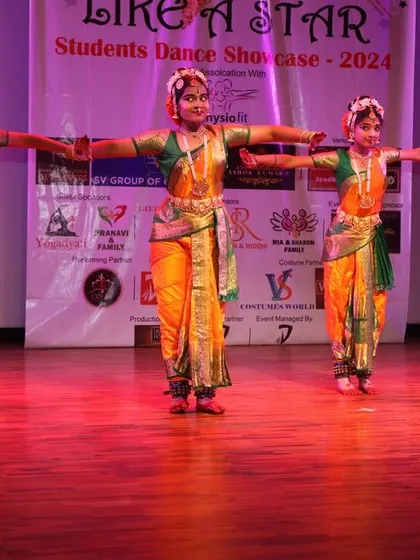A strong, balanced formation from the Lasyam School of Kuchipudi dancers.