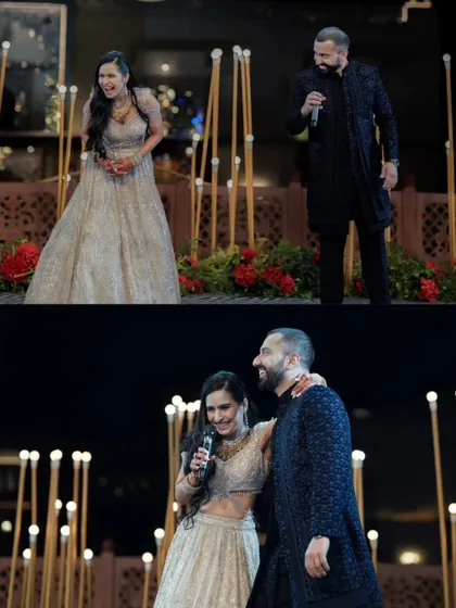 The couple on stage, sharing a laugh during their Sangeet. This two-photo layout shows the fun and interactive nature of their celebration.