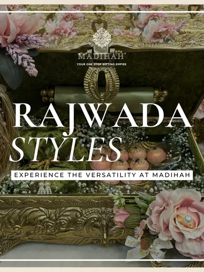 This graphic overlay highlights the versatility of my Rajwada-style boxes, showing how they can be customized with different colors, flowers, and gifts to suit any wedding theme.