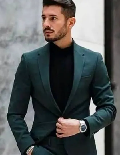 This bottle green suit paired with a black turtleneck is a sleek and modern look, perfect for a cocktail party or a stylish photoshoot.