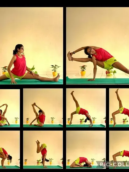 This collage showcases some of the poses we practice in our classes, from splits to backbends. For International Yoga Day, I offered special online and offline sessions for everyone to join and celebrate with 108 sun salutations.