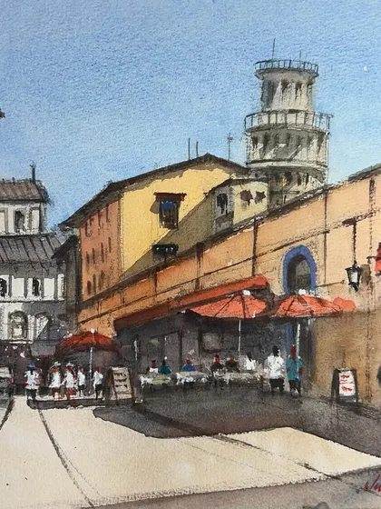 Remembering my solo trip to Pisa with this watercolor painting. I did several intensive sketches of the city during that hot summer month, and this work was done in my studio based on those memories.