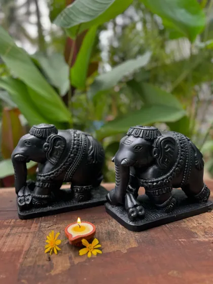 Our ornate stone elephants, carved from black granite, are a beautiful addition to your space for Diwali and beyond.