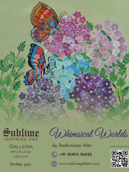 Another invitation for 'Whimsical Worlds', this time at our UB City gallery. The artwork shows colorful butterflies fluttering over a bed of flowers, capturing the enchanting theme of the show.