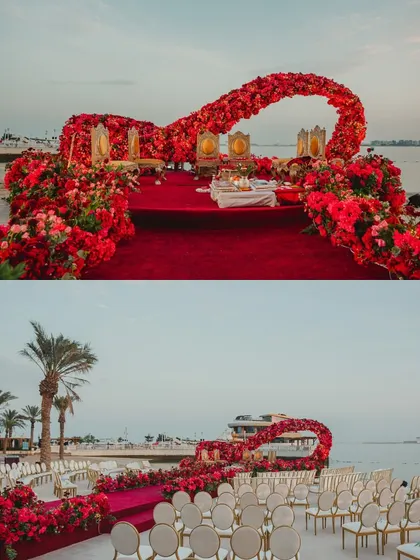 More views of the incredible infinity-shaped floral mandap in Doha, showcasing the design from every angle.