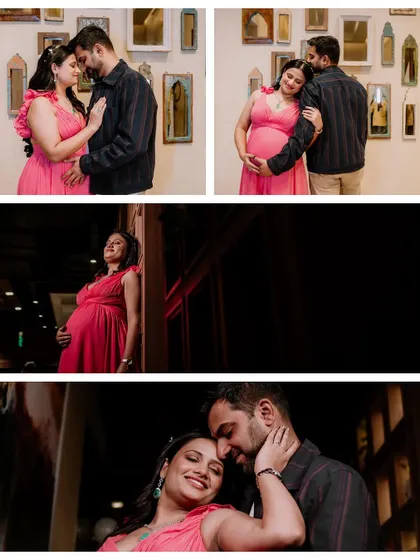 This four-photo collage tells a story of love and intimacy from a single maternity session. It combines tender couple poses with a beautiful solo portrait, showcasing the variety of shots we capture.