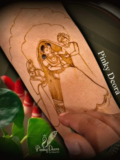 Bridal mehndi is a story written on the hands. This design captures a beautiful wedding ceremony moment. Learning to draw such multi-figure scenes is a key part of my advanced figure drawing workshop.