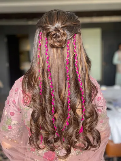 Another look at the back of the carnival hairstyle, a perfect choice for a mehendi or haldi.