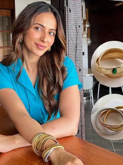 Another shot of Rakul Preet Singh in her element, wearing a mixed-metal stack of my chunky twisted bangles. I love how she combines gold and silver for a modern, edgy vibe.