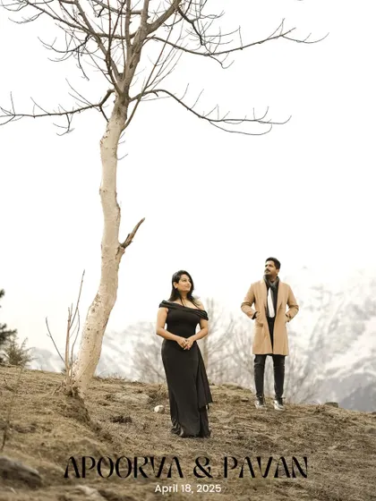 A save-the-date style portrait of a couple in Manali, with a minimalist and artistic feel.