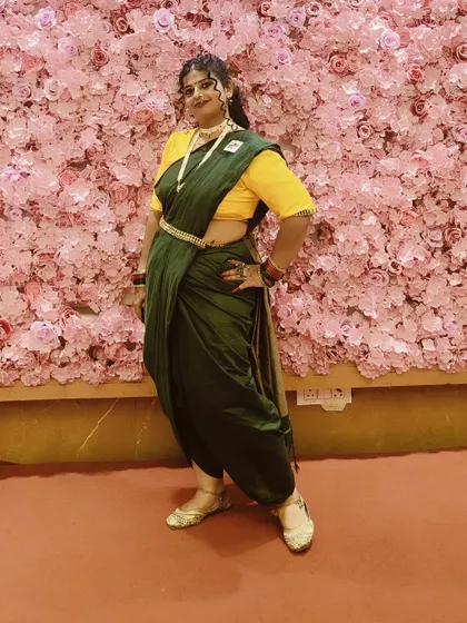 A stunning Maharashtrian-style look. We draped the saree in the traditional way and created a bold makeup look to match the festive vibe.