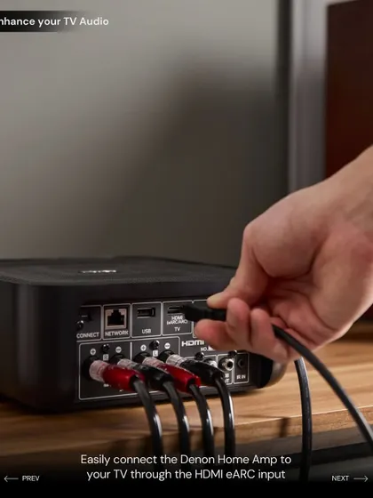 This image demonstrates how easily the Denon Home Amp connects to a TV through its HDMI eARC input, a simple step to dramatically enhance your television's audio.