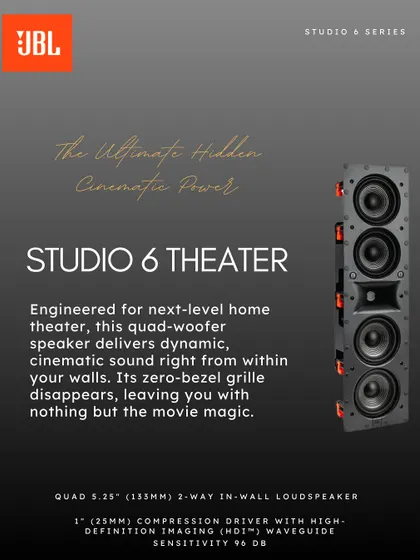 Engineered for a next-level home theater, the JBL Studio 6 Theater is a quad-woofer in-wall speaker that delivers dynamic, cinematic sound. Its zero-bezel grille disappears, leaving you with nothing but the movie magic.