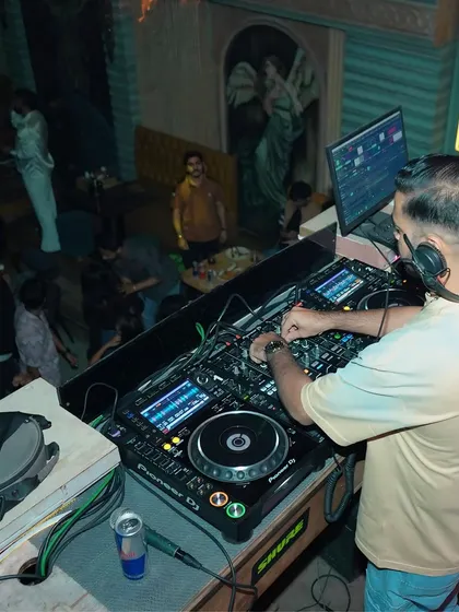 An overhead view of my Pioneer DJ setup at Cocktails and Dreams, Indore. This is my command center.