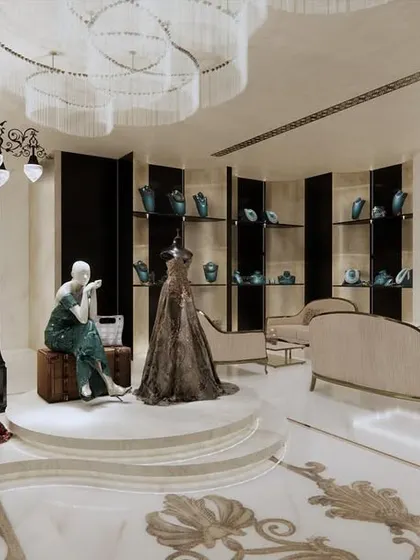 This render for Frontier Bazaar, a bridal store, shows a central display area with mannequins on a raised platform. The design creates a focal point for showcasing signature gowns, surrounded by comfortable seating for a personalized shopping experience.