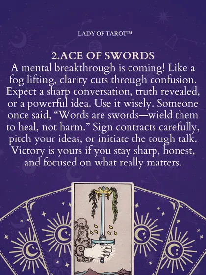 A mental breakthrough is coming with the Ace of Swords. This card signifies a moment of sharp clarity that cuts through confusion. It's a time for honest conversations and focused truth, reminding us that words are powerful tools to be wielded wisely.