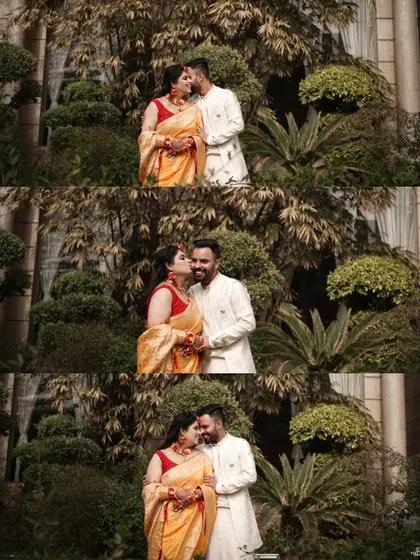 A collage of the couple's romantic portraits in a lush garden setting during their Haldi event.