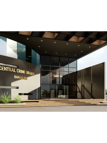 The proposed entrance for the Central Crime Branch office in Bangalore. The design features a grand, double-height glass entryway sheltered by a large overhang, creating an imposing yet transparent and modern public facade.