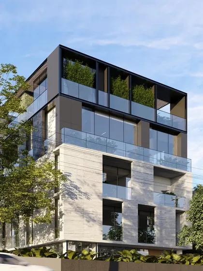 The upper levels of the house are designed as individual zones for different family members, with private balconies and terraces. The use of glass, stone, and dark metal creates a modern and sophisticated material palette.