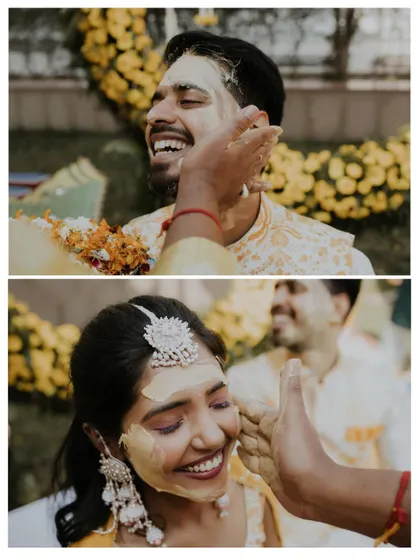Close-up shots of the bride and groom's faces during the Haldi, capturing their radiant smiles and the textures of the turmeric paste.