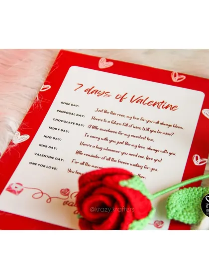 The custom card from our '7 Days of Valentine' hamper, listing a special gift for each day of Valentine's week.