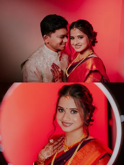 A collage featuring a romantic couple portrait and a beautiful solo portrait of the bride-to-be.