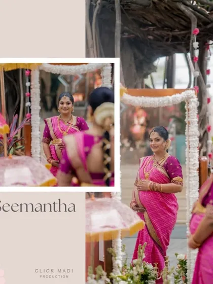 A beautiful solo portrait of the mother-to-be during her Seemantha. The soft lighting and her serene expression perfectly capture the glow of motherhood.