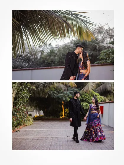 A collage of romantic moments from the couple's Sangeet photoshoot.