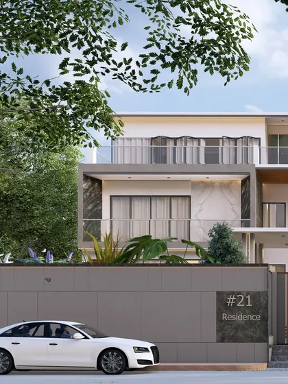 A render of the 'Zen Oasis' residence, showcasing its layered volumes and contemporary design. The landscape is designed with a mix of tropical plants that complement the modern architecture.