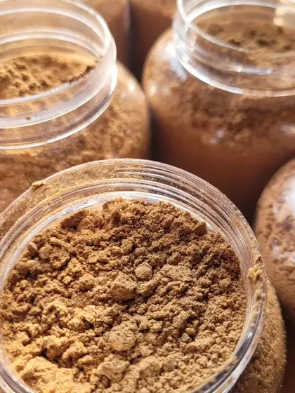Jars of Chocolate Ubtan ready to go. This traditional Indian skincare recipe is amazing for evening out skin tone.