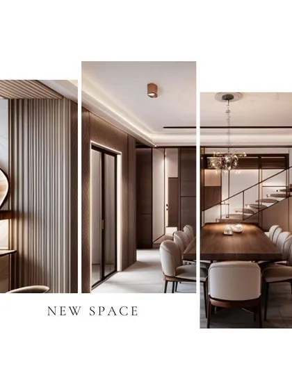 A collage showing a dining space with a large wooden table and comfortable upholstered chairs. The design is characterized by warm wood tones, fluted wall panels, and a modern staircase in the background.