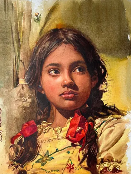The innocence and curiosity in this young girl's expression were what I wanted to capture. The warm, yellow light and the bright red ribbons add a touch of youthful vibrancy to this watercolor portrait.