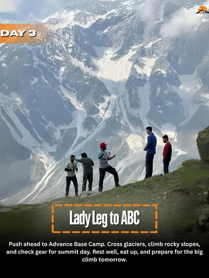 Day 3: We push ahead to Advance Base Camp (ABC), crossing glaciers and climbing rocky slopes to prepare for summit day.