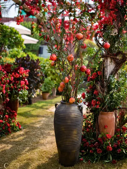 A large urn with branches of pomegranate, a central motif of the 'Gulnar' theme, bringing the concept to life.