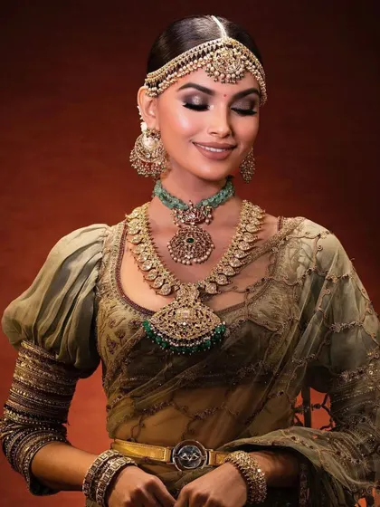 A traditional South Indian bridal look. My course covers a wide range of regional styles to make you a versatile artist.