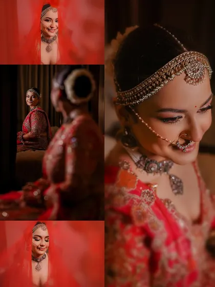 This collage captures the bride's getting-ready moments, from a reflection in the mirror to a close-up of her smiling face. The red veil adds a pop of color and a touch of tradition.