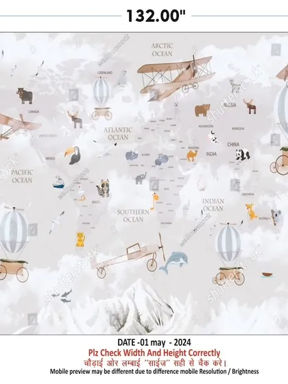 This is a design proof for a custom children's world map wallpaper. It features cute animals and vintage hot-air balloons to make learning about geography fun and visually engaging. I always provide a proof to ensure the size and design are perfect before printing.