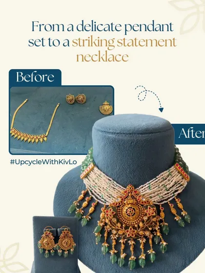 A delicate pendant set was reworked for a mother to wear at her daughter's wedding. We created a striking statement necklace using the old gold, adding layers of pearls and green beads for a grand yet elegant finish.