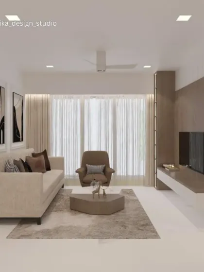 A serene and minimalist living room designed with a neutral color palette. The simple sofa, geometric coffee table, and clean-lined media unit create a calm and uncluttered environment, perfect for relaxation.